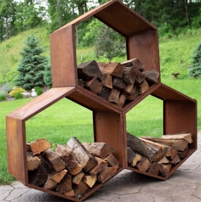 Hexagon Corten Steel Honeycomb ฟืนจัดเก็บ Log Rack 11 Gauge