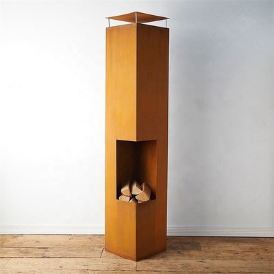 สี่เหลี่ยมผืนผ้าสนิม Corten เหล็กเตาผิงกลางแจ้ง Chiminea การเผาไหม้ไม้